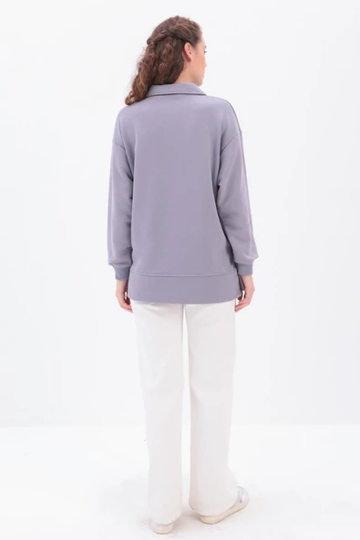 Gri-Yanları Fermuarlı Yakalı Sweat Tunik - 4