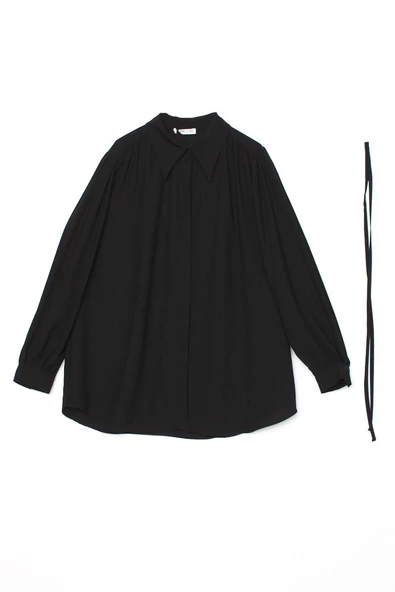 Siyah-Belden Bağlama Detaylı Gömlek Tunik - Resim 10