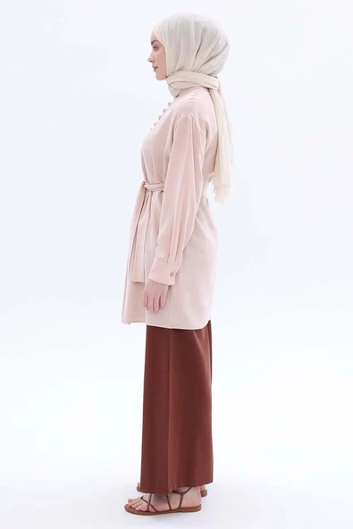 Somon-Hakim Yaka Biritli Keten Tunik - Resim 3