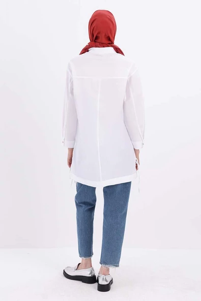 Beyaz-ROBA VE DİKİŞ DETAYLI GÖMLEK TUNİK - Resim 4