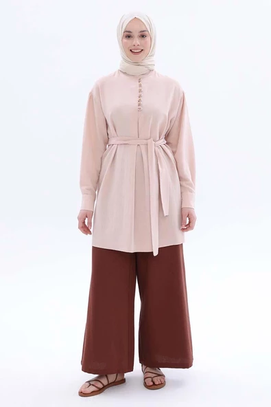 Somon-Hakim Yaka Biritli Keten Tunik - Resim 2