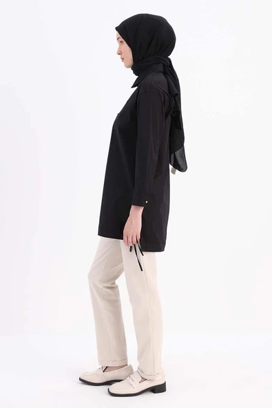 Siyah-ROBA VE DİKİŞ DETAYLI GÖMLEK TUNİK - Resim 3