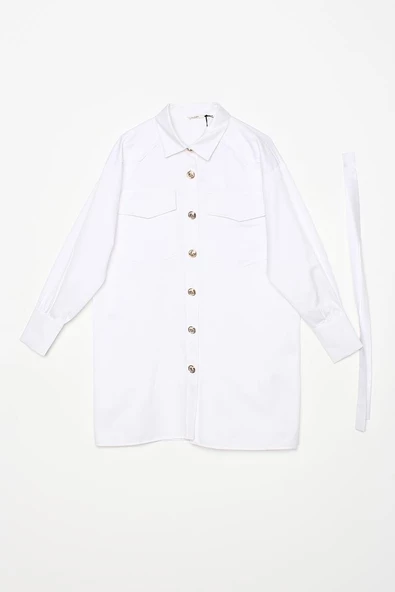 Beyaz-Aplike Cepli Gömlek Tunik - Resim 6