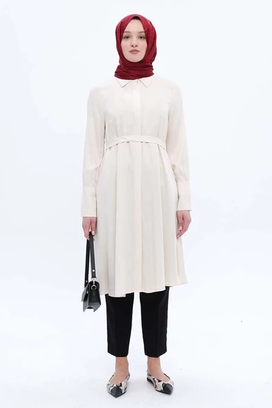Ekru-Geniş Manşetli Kemerli Tunik - Resim 2