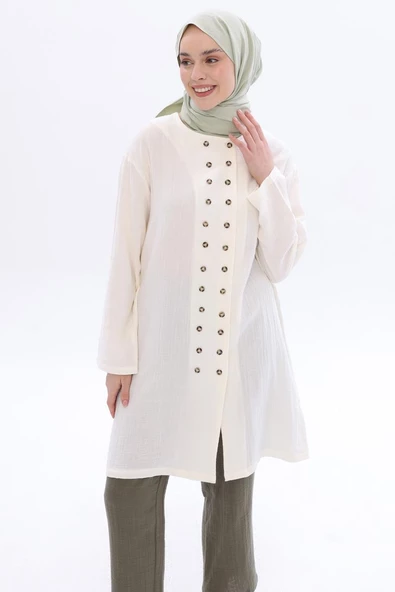 Kemik-%100 Pamuklu Çift Düğmeli Gömlek Tunik ürün görseli