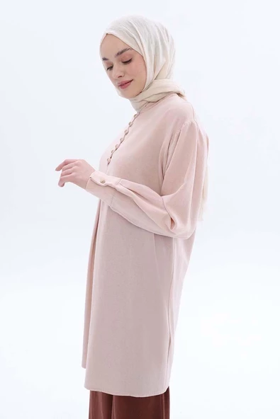 Somon-Hakim Yaka Biritli Keten Tunik - Resim 5