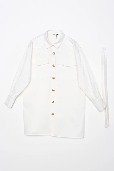 Ekru-Aplike Cepli Gömlek Tunik - Resim 6