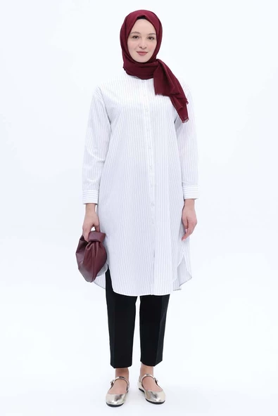 Beyaz-Pamuklu Çizgili Poplin Gömlek Tunik - Resim 2