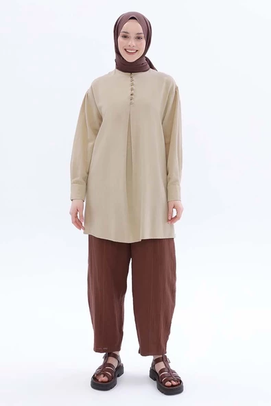 Bej-Hakim Yaka Biritli Keten Tunik - Resim 2