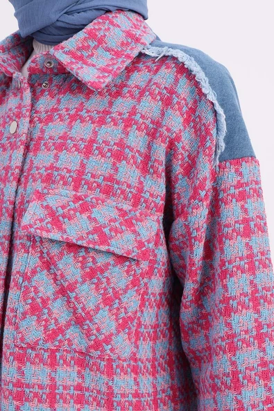 Pembe-Mavi-Denim Garnili Tüvit Gömlek - 5