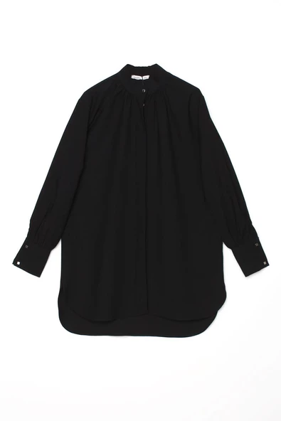 Siyah-Dik Yaka Büzgülü Kol Düğmesi Detaylı Gömlek - Resim 7