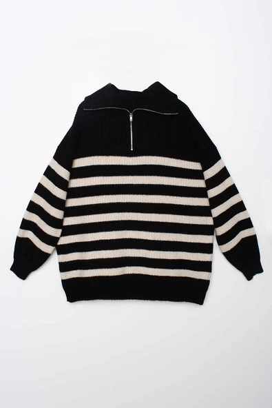 Siyah-Taş-Balıkçı Yaka Fermuarlı Triko Kazak - 8