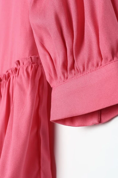 Koyu Pembe-Doğal Kumaş Eteği Fırfırlı Hakim Yaka Gömlek Tunik - Resim 5