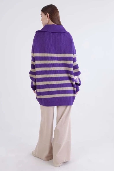 Mor-Taş-Balıkçı Yaka Fermuarlı Likralı Triko Kazak - 4