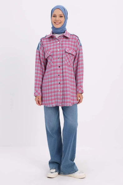 Pembe-Mavi-Denim Garnili Tüvit Gömlek - 2