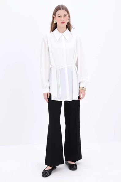 Beyaz-Belden Bağlama Detaylı Gömlek Tunik - Resim 2