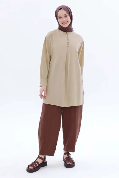 Bej-Hakim Yaka Biritli Keten Tunik - Resim 5