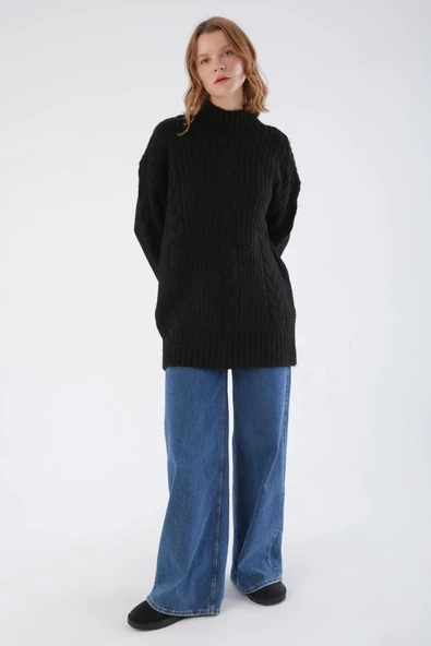 Siyah-Saç Örgülü Triko Kazak - 2