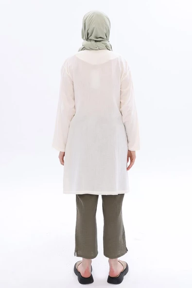 Kemik-%100 Pamuklu Çift Düğmeli Gömlek Tunik - Resim 4