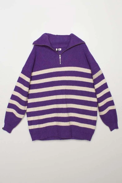 Mor-Taş-Balıkçı Yaka Fermuarlı Likralı Triko Kazak - 8