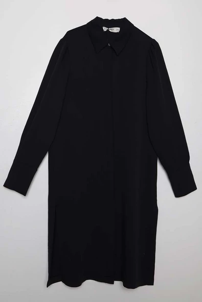 Siyah-Metal Düğme Detaylı Patlı Uzun Gömlek - Resim 7