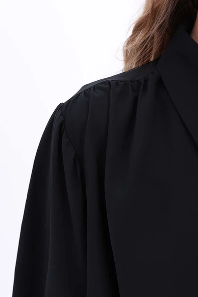 Siyah-Belden Bağlama Detaylı Gömlek Tunik - Resim 8