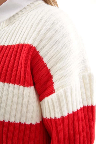 Kırmızı-Ekru-Yırtık Detaylı Triko Kazak - 6