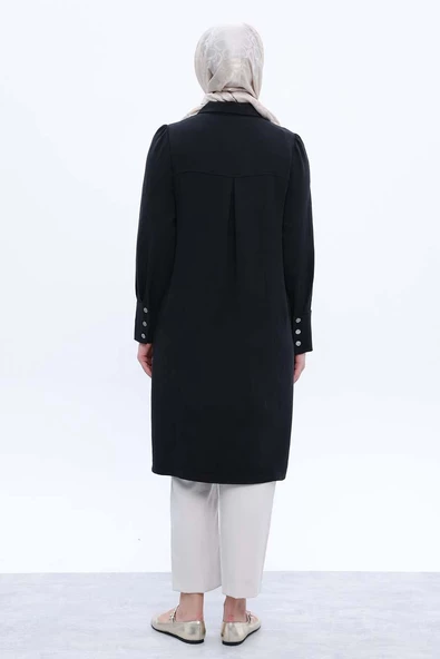 Siyah-Metal Düğme Detaylı Patlı Uzun Gömlek - Resim 4