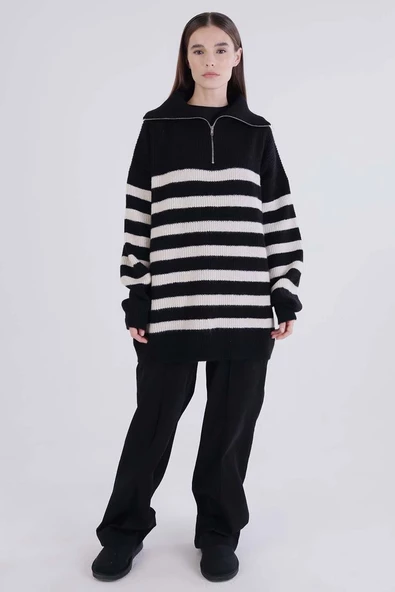 Siyah-Taş-Balıkçı Yaka Fermuarlı Triko Kazak - 2