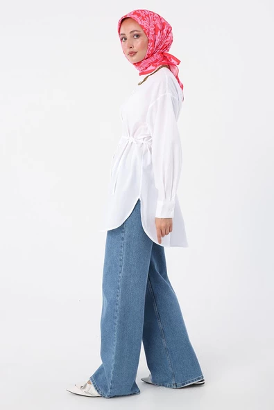 Beyaz-Oversize Arkası Pilikaşeli Kuşaklı Gömlek - 3