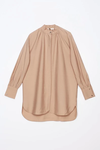 Sütlü Kahve-Dik Yaka Büzgülü Kol Düğmesi Detaylı Gömlek - Resim 7