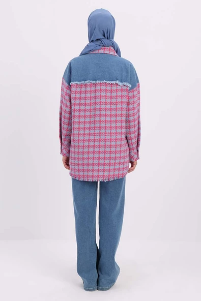 Pembe-Mavi-Denim Garnili Tüvit Gömlek - 4
