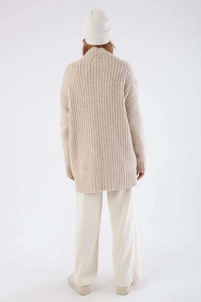 Ekru-Saç Örgülü Triko Kazak - 4