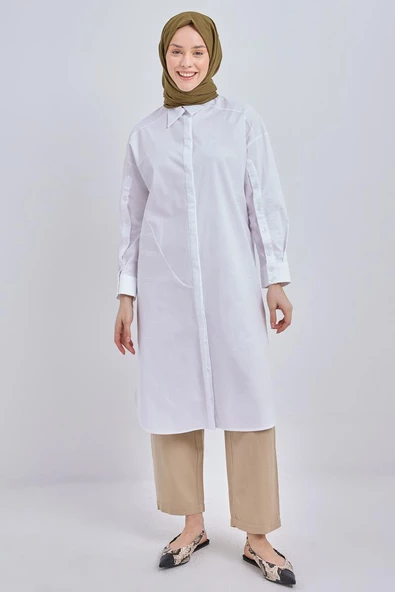 Beyaz-Yanları Düğmeli Likralı Uzun Poplin Gömlek - Resim 2