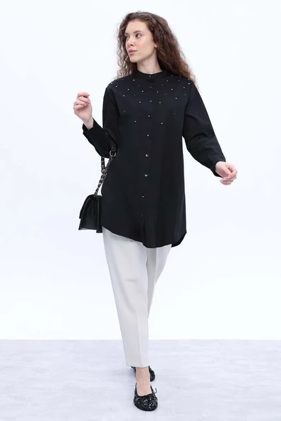 Siyah-Pamuklu Taş Detaylı Likralı Gömlek ürün görseli 1