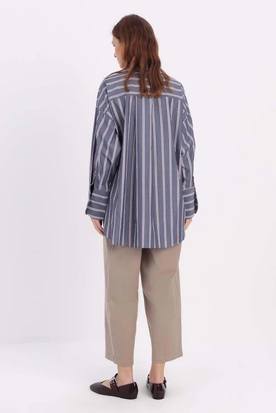 Lacivert-Kırmızı-%100 Pamuklu Çizgili Gömlek - Resim 4