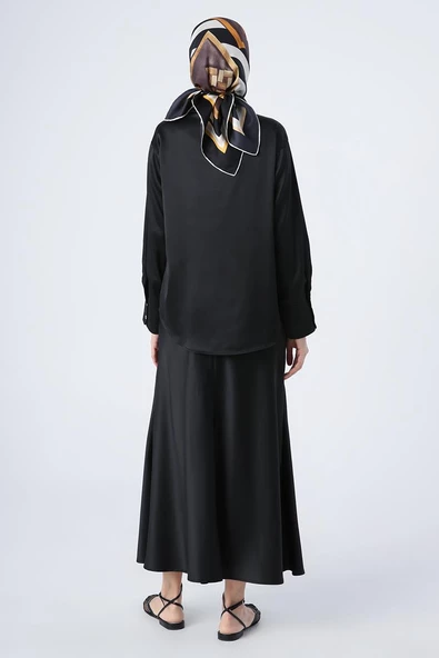 Siyah-Uzun Kollu Patlı Saten Gömlek - Resim 4