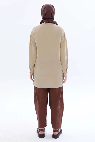 Bej-Hakim Yaka Biritli Keten Tunik - Resim 4