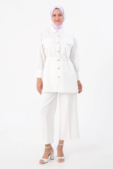 Ekru-Aplike Cepli Gömlek Tunik - Resim 2