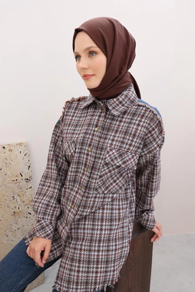 Mint-Turuncu-Denim Garnili Tüvit Gömlek Tunik