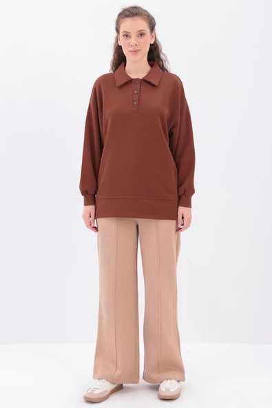 Kahve-Yanları Fermuarlı Yakalı Sweat Tunik - Resim 2