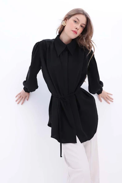 Siyah-Belden Bağlama Detaylı Gömlek Tunik - Resim 7