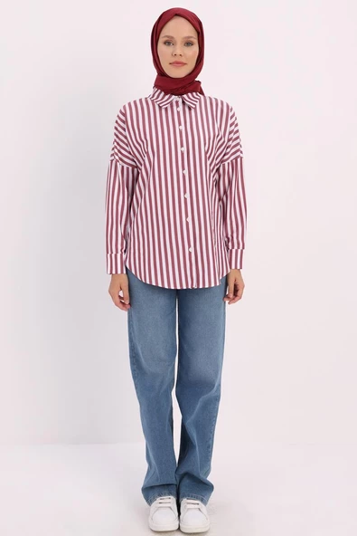 Bordo-Beyaz-Oversize Basic Gömlek - 2