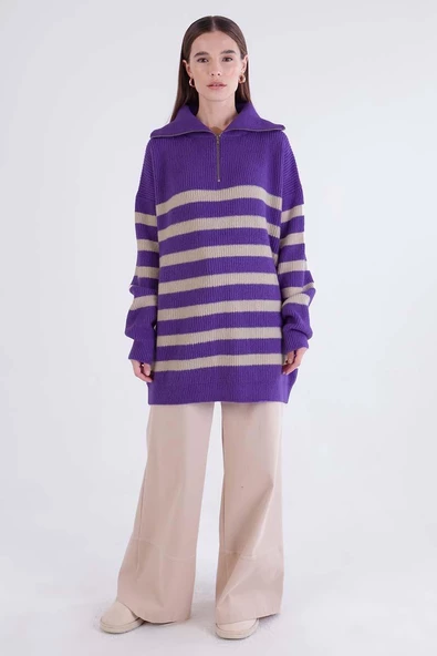 Mor-Taş-Balıkçı Yaka Fermuarlı Likralı Triko Kazak - 2