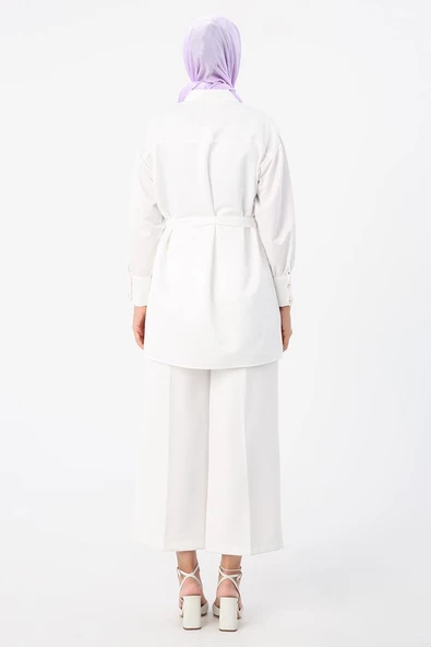 Ekru-Aplike Cepli Gömlek Tunik - Resim 4