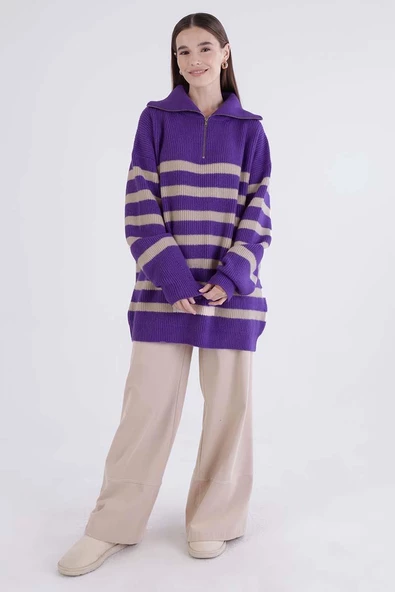 Mor-Taş-Balıkçı Yaka Fermuarlı Likralı Triko Kazak - 5