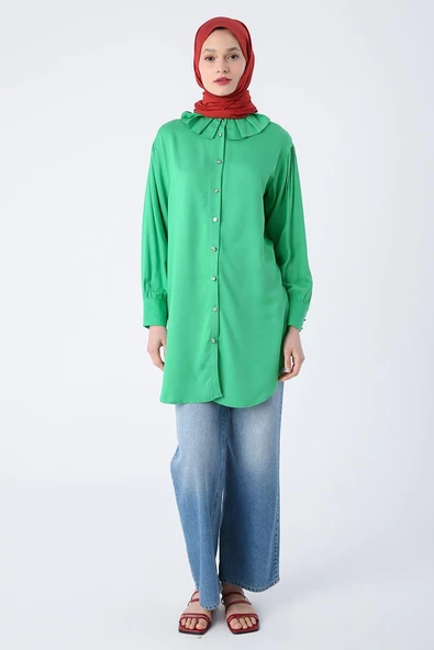 Çimen Yeşili-Yakası Piliseli Viskon Gömlek Tunik - Resim 2
