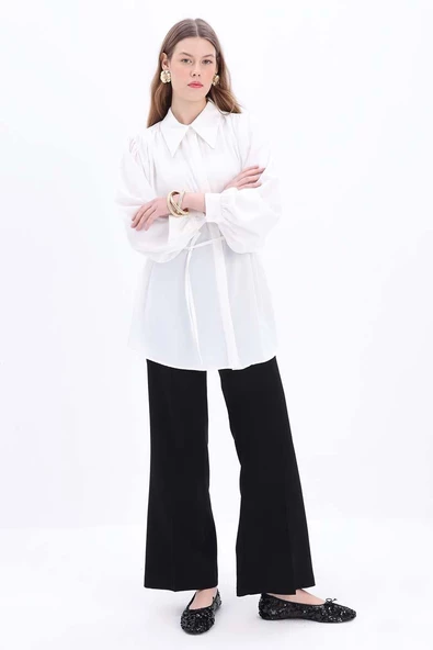 Beyaz-Belden Bağlama Detaylı Gömlek Tunik - Resim 4