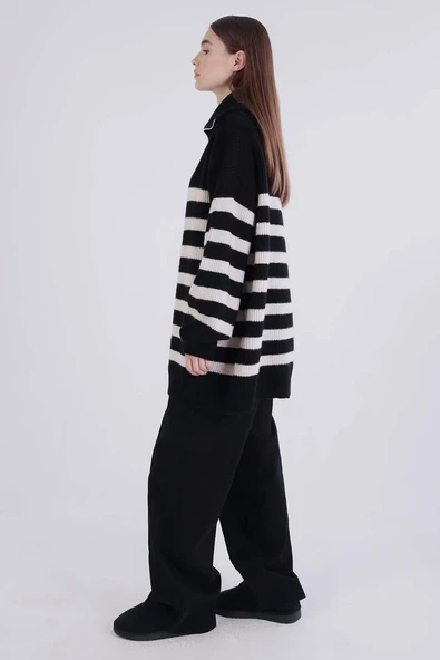 Siyah-Taş-Balıkçı Yaka Fermuarlı Triko Kazak - 3