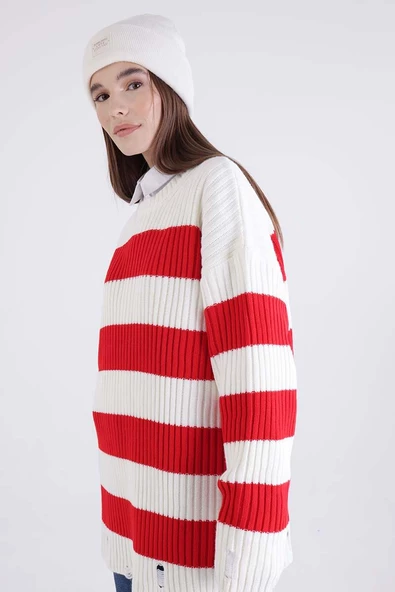 Kırmızı-Ekru-Yırtık Detaylı Triko Kazak - 5